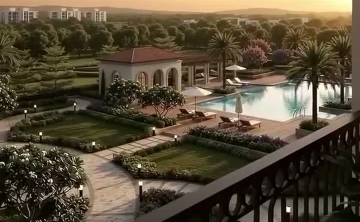 Pool and landscaped outdoor spaces shown in the Godrej MSR City Barca II film