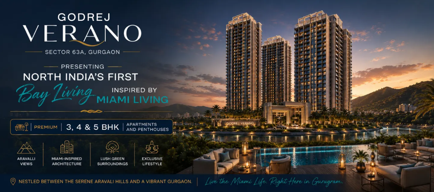 Godrej Verano supplied promotional illustration: Sector 63A towers, landscaped surroundings and a pool at sunset